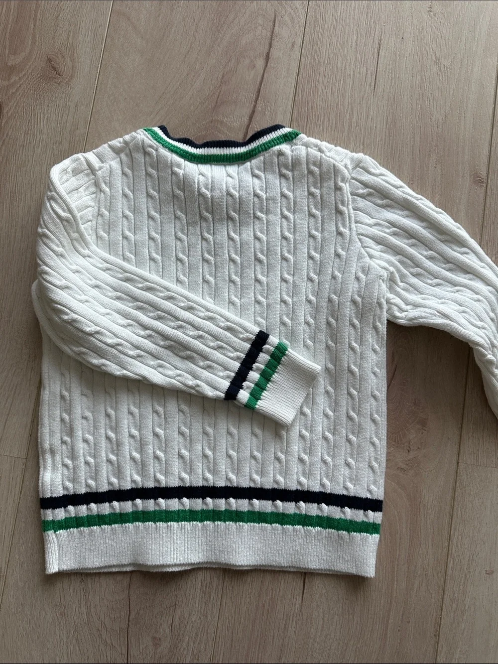 Janie and Jack White Cable-Knit V-Neck Sweater with Green and Navy Trim